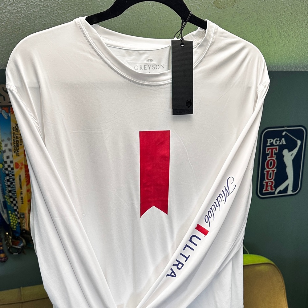 Greyson White Long Sleeve Tee with Red and Blue Accents L